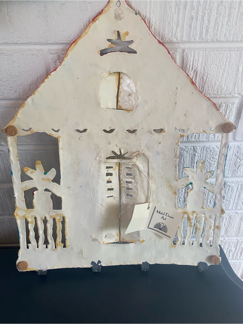 Haitian Metal Drum Tropical Hand-Painted House Wall Art with Hooks 14”w X 17”h - Picture 3 of 8